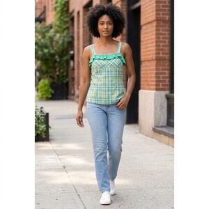 Bui-yah-kah Made in USA Green Plaid Ruffle Lightweight Tank Women Size M